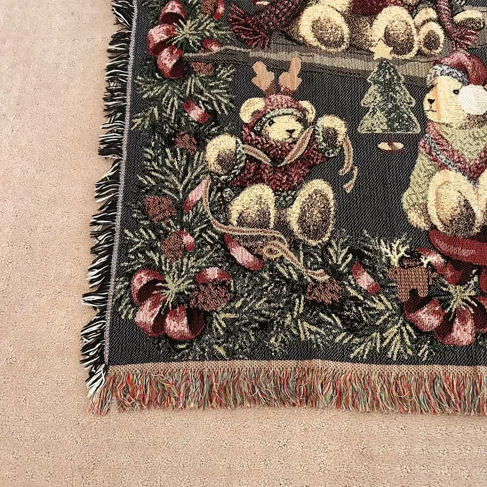 Vintage Goodwin Weavers Christmas Teddy Bear Cotton Throw Tapestry Blanket 50x70